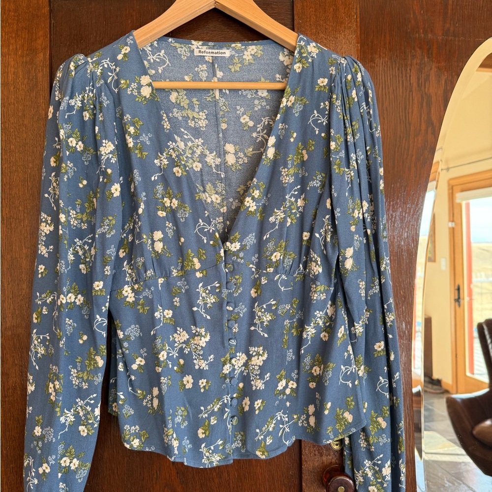 Reformation Blue Floral Blouse, button front, long sleeve